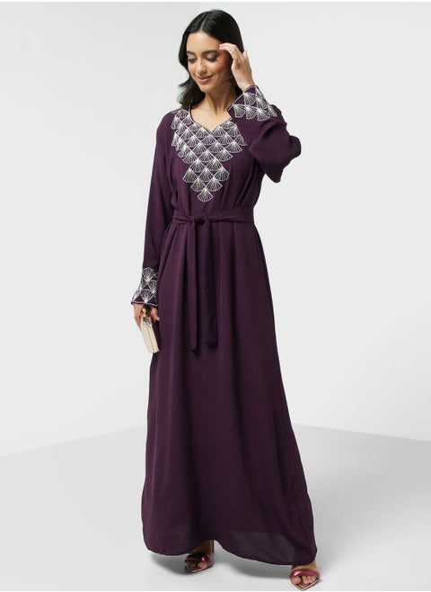 Embroidered Belted Jalabiya