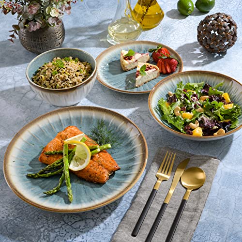 Gibson Elite Mayfair Bay 16-Piece Embossed Double Bowl Dinnerware Set, Service for 4 – Blue Stoneware Plates and Bowls - Image 5