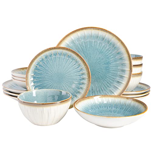 Gibson Elite Mayfair Bay 16-Piece Embossed Double Bowl Dinnerware Set, Service for 4 – Blue Stoneware Plates and Bowls - Image 1