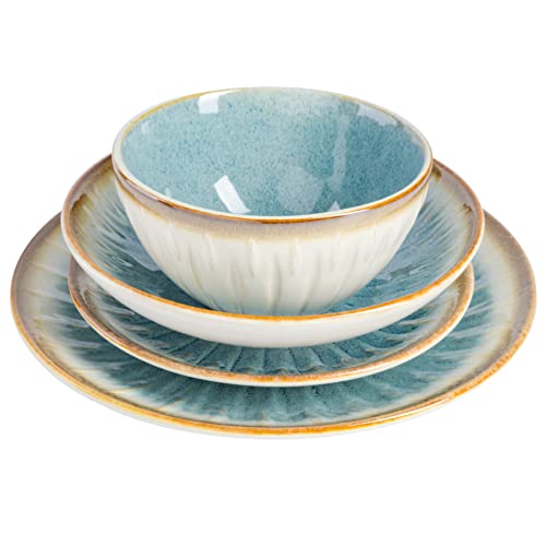 Gibson Elite Mayfair Bay 16-Piece Embossed Double Bowl Dinnerware Set, Service for 4 – Blue Stoneware Plates and Bowls - Image 3