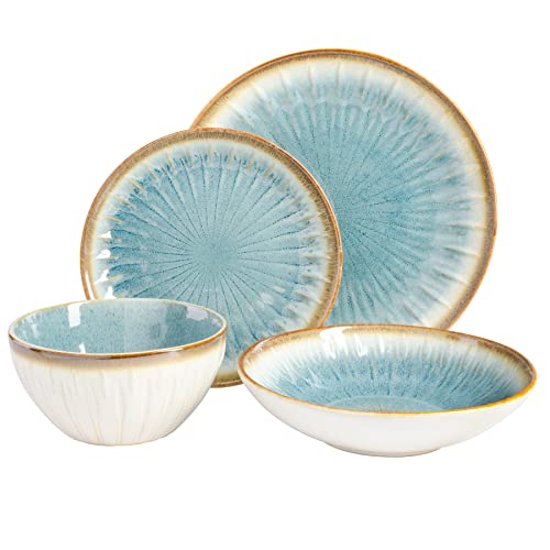Gibson Elite Mayfair Bay 16-Piece Embossed Double Bowl Dinnerware Set, Service for 4 – Blue Stoneware Plates and Bowls - Image 2