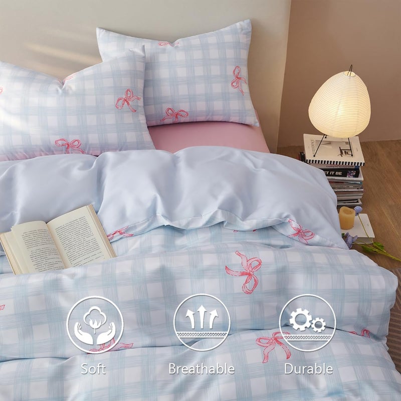 Erwinmu Girls Duvet Cover Set Queen Size Pink Bowknot and Blue Gingham Printed Design,Cozy Bedding Set 3pcs Simple and Elegant Style,Microfiber Comforter Cover with Zipper Closure and 2 Pillowcases - Image 2