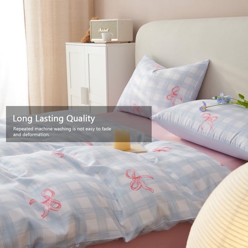 Erwinmu Girls Duvet Cover Set Queen Size Pink Bowknot and Blue Gingham Printed Design,Cozy Bedding Set 3pcs Simple and Elegant Style,Microfiber Comforter Cover with Zipper Closure and 2 Pillowcases - Image 5