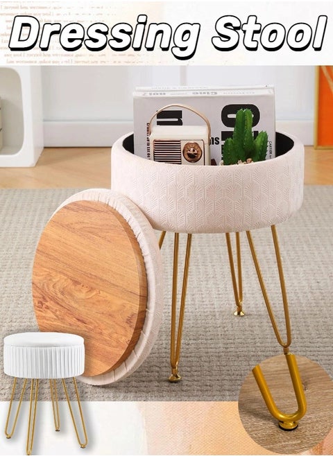 Striped Velvet Dressing Stool with Memory Foam Upholstery, Multi-Purpose Dressing Stool with Gold Metal Feet, White