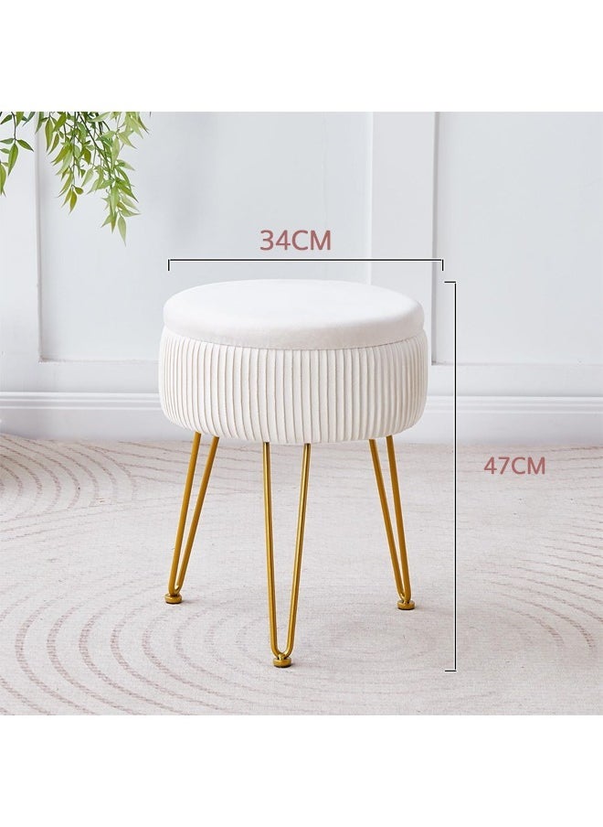Striped Velvet Dressing Stool with Memory Foam Upholstery, Multi-Purpose Dressing Stool with Gold Metal Feet, White