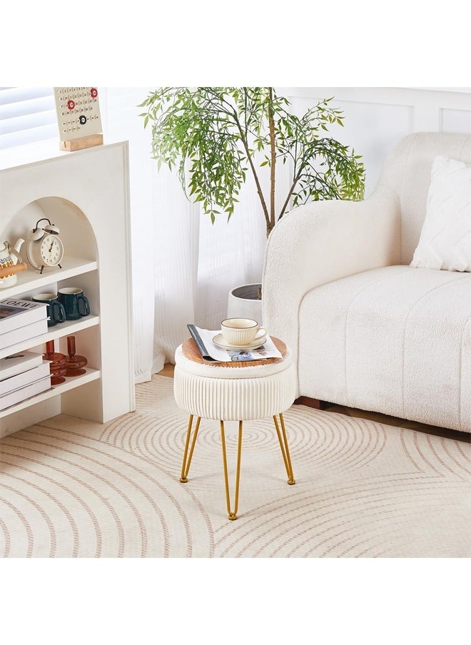 Striped Velvet Dressing Stool with Memory Foam Upholstery, Multi-Purpose Dressing Stool with Gold Metal Feet, White