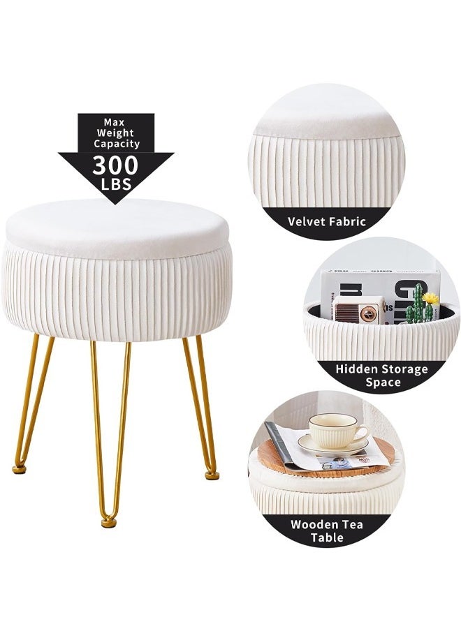 Striped Velvet Dressing Stool with Memory Foam Upholstery, Multi-Purpose Dressing Stool with Gold Metal Feet, White