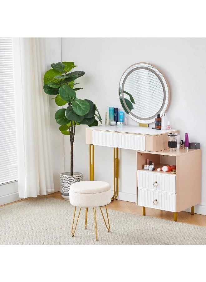 Striped Velvet Dressing Stool with Memory Foam Upholstery, Multi-Purpose Dressing Stool with Gold Metal Feet, White