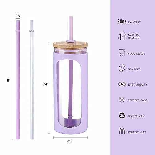 Kodrine 20oz Glass Water Tumbler with Straw and Lid, Bamboo Lids Water Bottle, Iced Coffee Cup Reusable, Wide Mouth Smoothie Cups with Protective Silicone Sleeve BPA FREE-Purple - Image 2