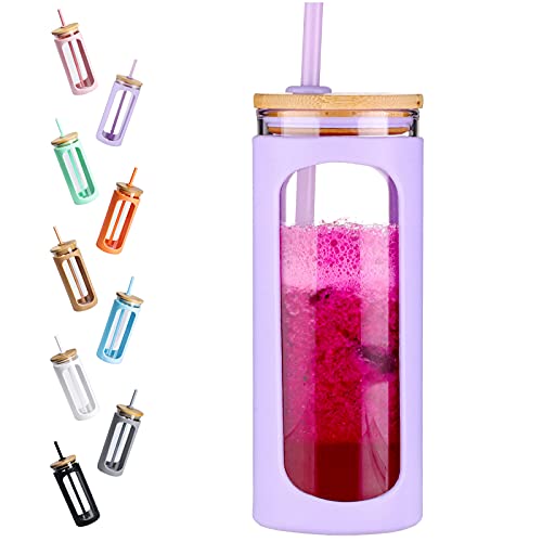 Kodrine 20oz Glass Water Tumbler with Straw and Lid, Bamboo Lids Water Bottle, Iced Coffee Cup Reusable, Wide Mouth Smoothie Cups with Protective Silicone Sleeve BPA FREE-Purple - Image 1