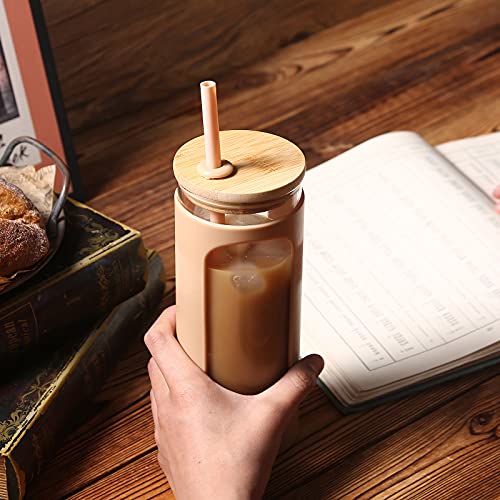 Kodrine 20oz Glass Water Tumbler with Straw and Lid, Bamboo Lids Water Bottle, Iced Coffee Cup Reusable, Wide Mouth Smoothie Cups with Protective Silicone Sleeve BPA FREE-Purple - Image 3