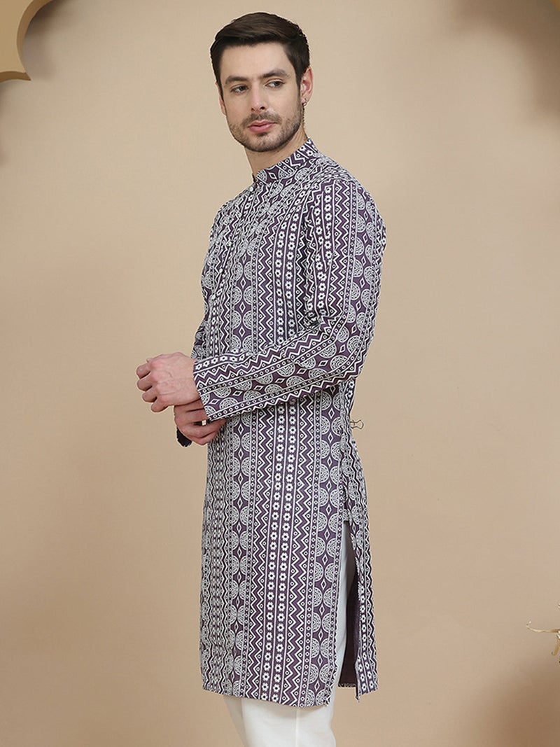 NOZ2TOZ Geometric Print Silk Blend Kurta for Men - Image 2