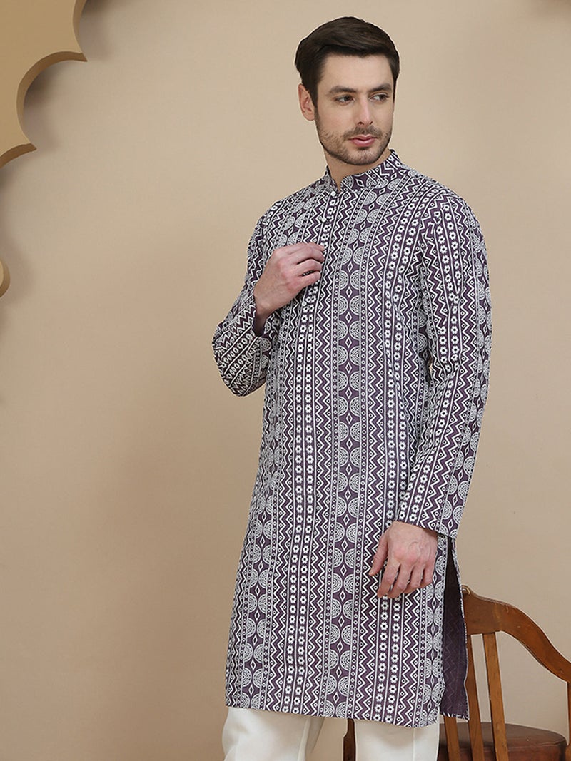 NOZ2TOZ Geometric Print Silk Blend Kurta for Men - Image 5