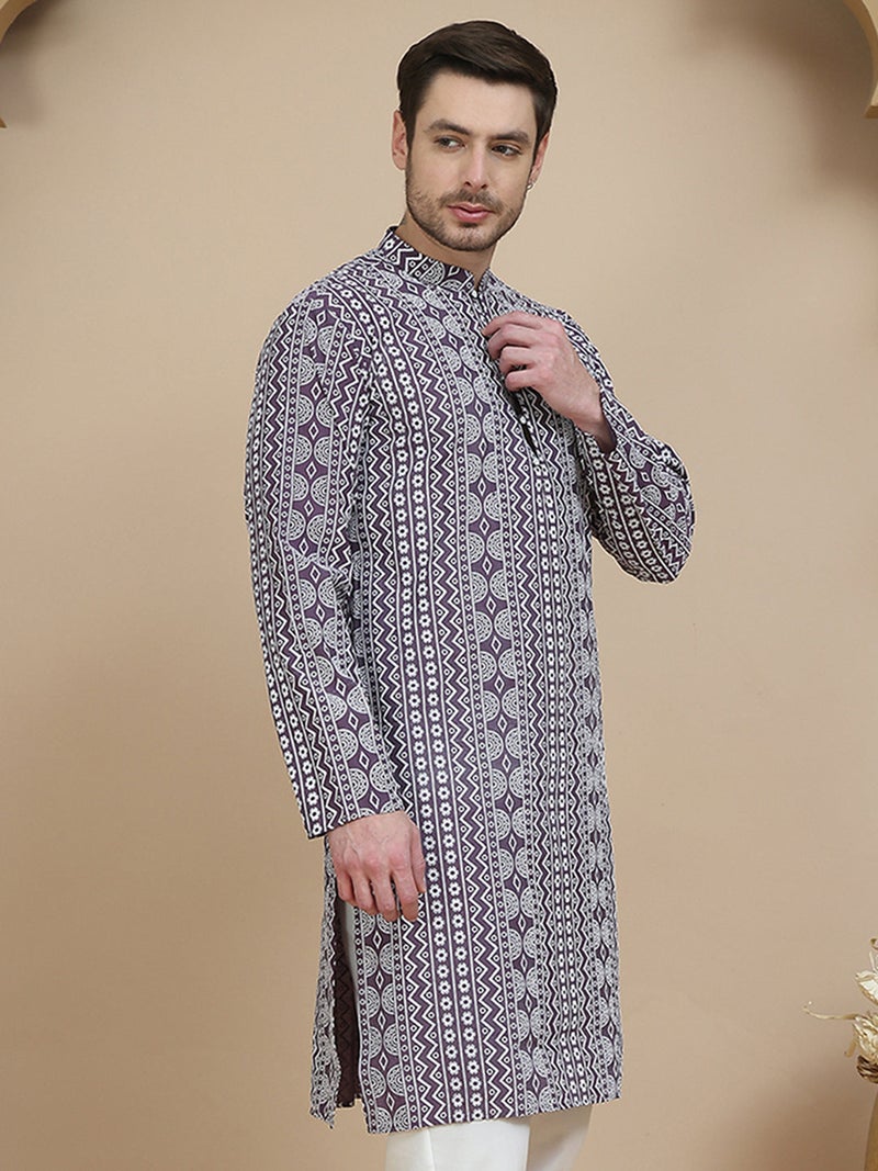 NOZ2TOZ Geometric Print Silk Blend Kurta for Men - Image 4