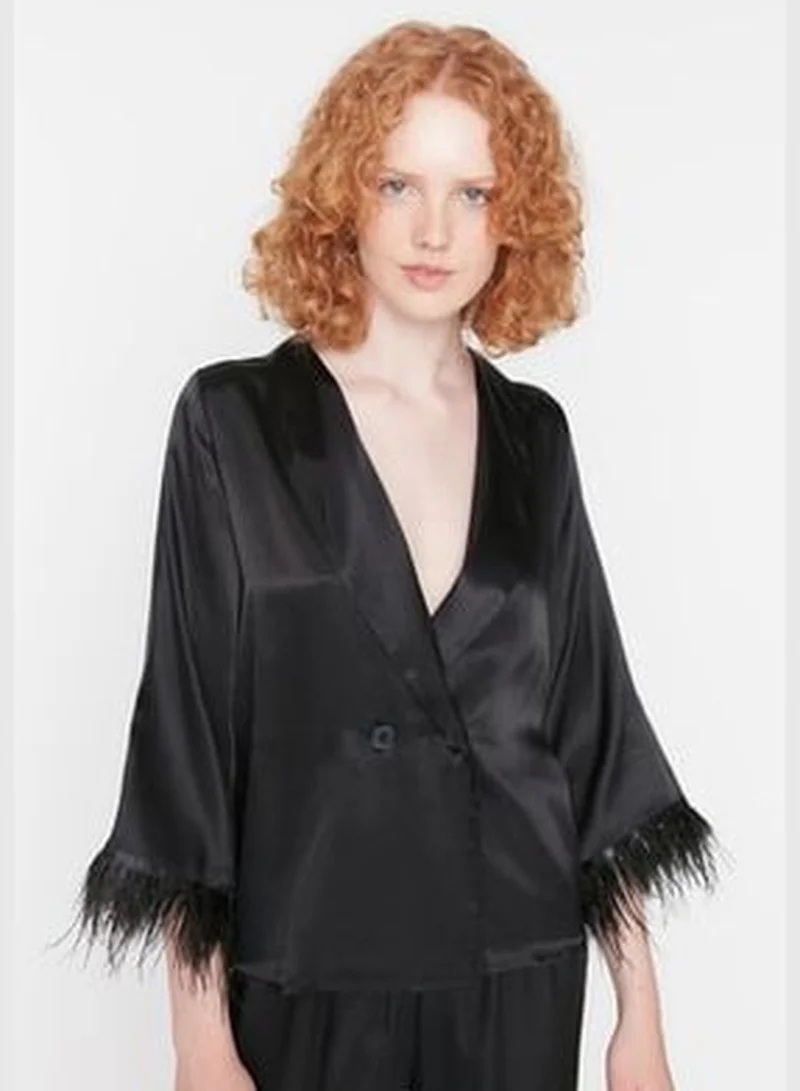 trendyol Weave Black Feather Detailed Satin Pajamas Set THMAW23PT00086