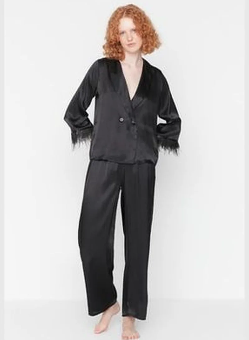 trendyol Weave Black Feather Detailed Satin Pajamas Set THMAW23PT00086