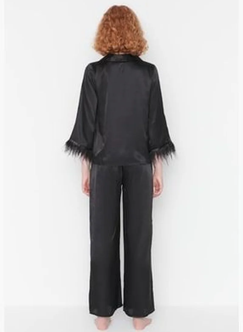 trendyol Weave Black Feather Detailed Satin Pajamas Set THMAW23PT00086