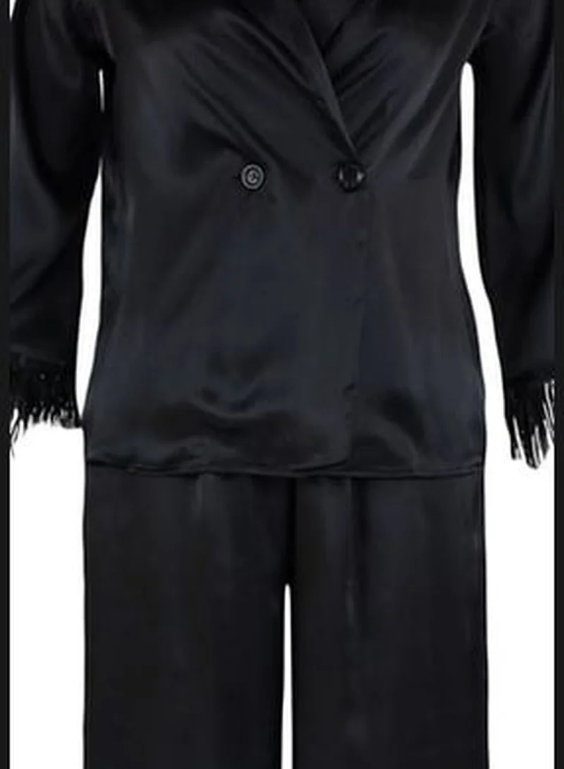 trendyol Weave Black Feather Detailed Satin Pajamas Set THMAW23PT00086