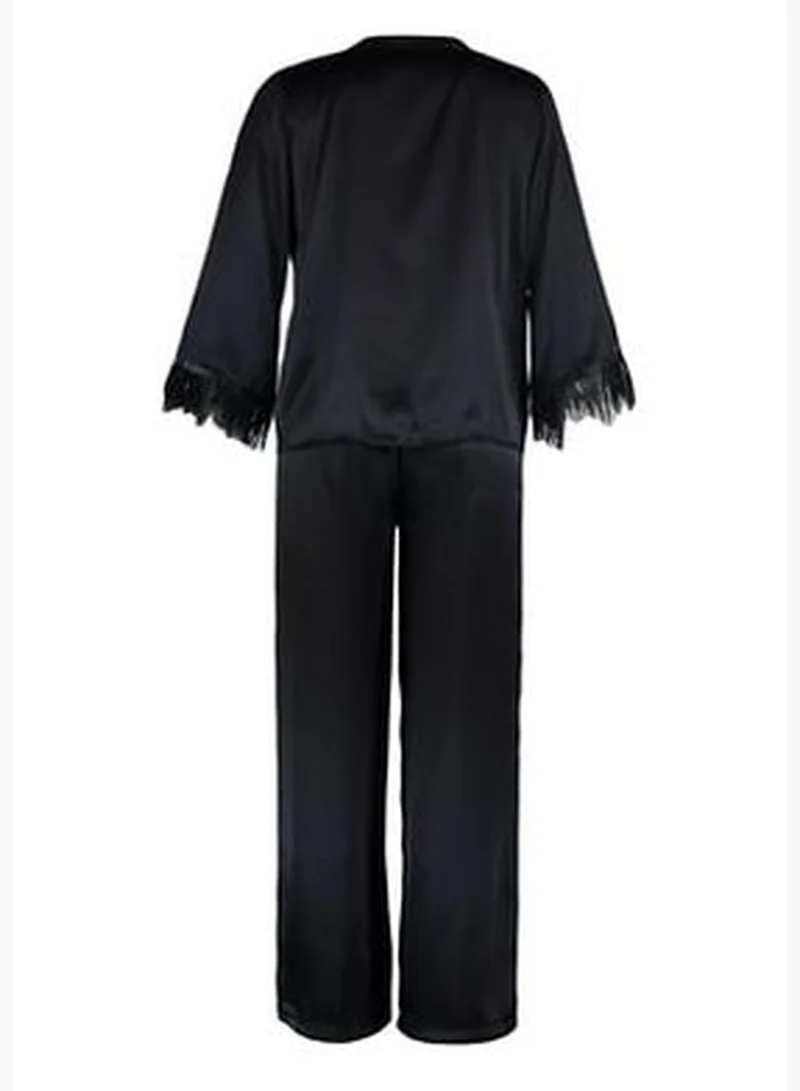 trendyol Weave Black Feather Detailed Satin Pajamas Set THMAW23PT00086