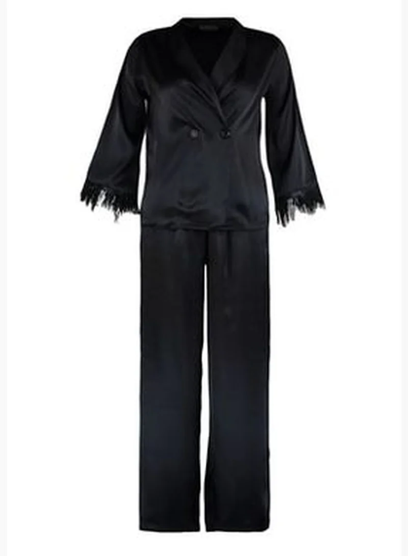 trendyol Weave Black Feather Detailed Satin Pajamas Set THMAW23PT00086