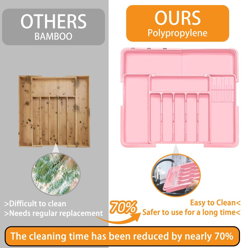 Homecor Silverware Organizer - Expandable Large Kitchen Drawer Organizer Utensil Organizer with 2 Knife Block Inserts, 22"x 19"Cutlery Tray with Drawer Dividers for Kitchen Flatware (Pink) - Image 5