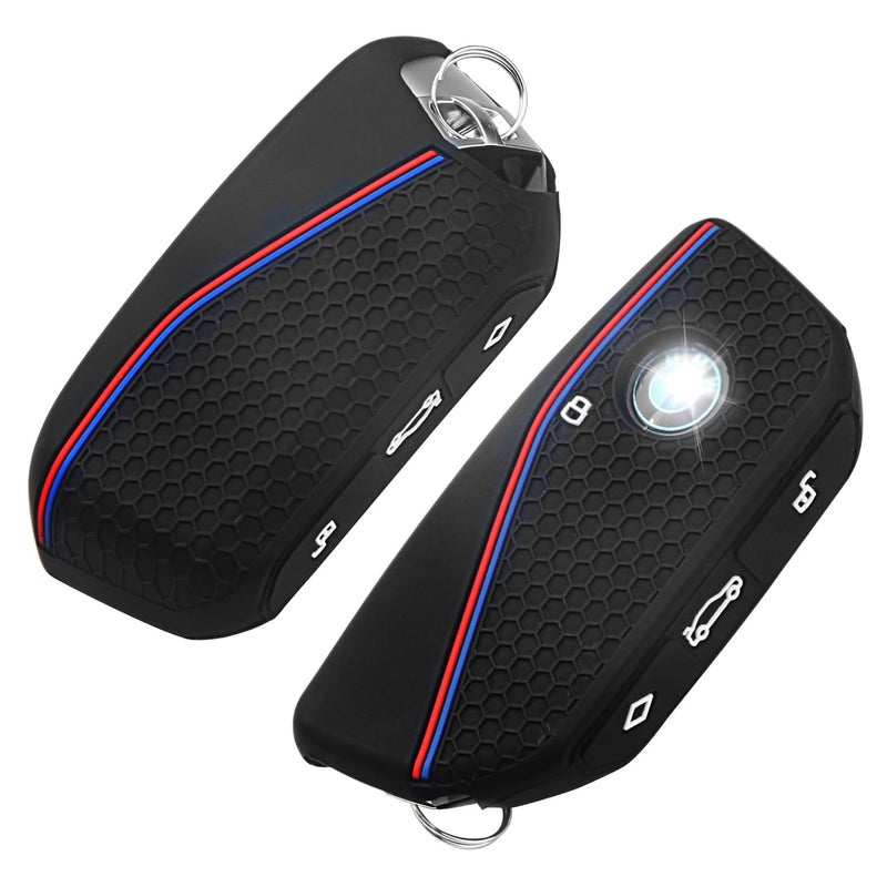 QBUC 2PCS for BMW Key Fob Cover Soft Silicone Key Case for BMW 2024 2023 2025 7 Series IX I5 M60 X5 X7 X6 IX I7 Car Key Protector with Rings 3 ButtonBlack