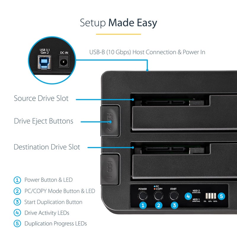 StarTech.com Standalone Hard Drive Duplicator, External Dual Bay HDD/SSD Cloner/Copier, USB to SATA III Docking Station - Image 4