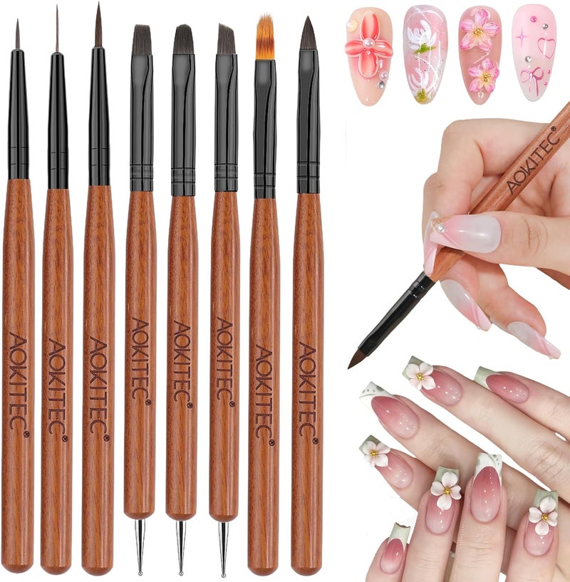 Aokitec Nail Art Brushes Set 8Pcs Nail Art Painting Tools with Nail Art Fine Liner Brush Nail Design Painting Brushes Builder Gel Brush Nail Dotting Pen for Gel Polish Manicure Salon DIY Wooden