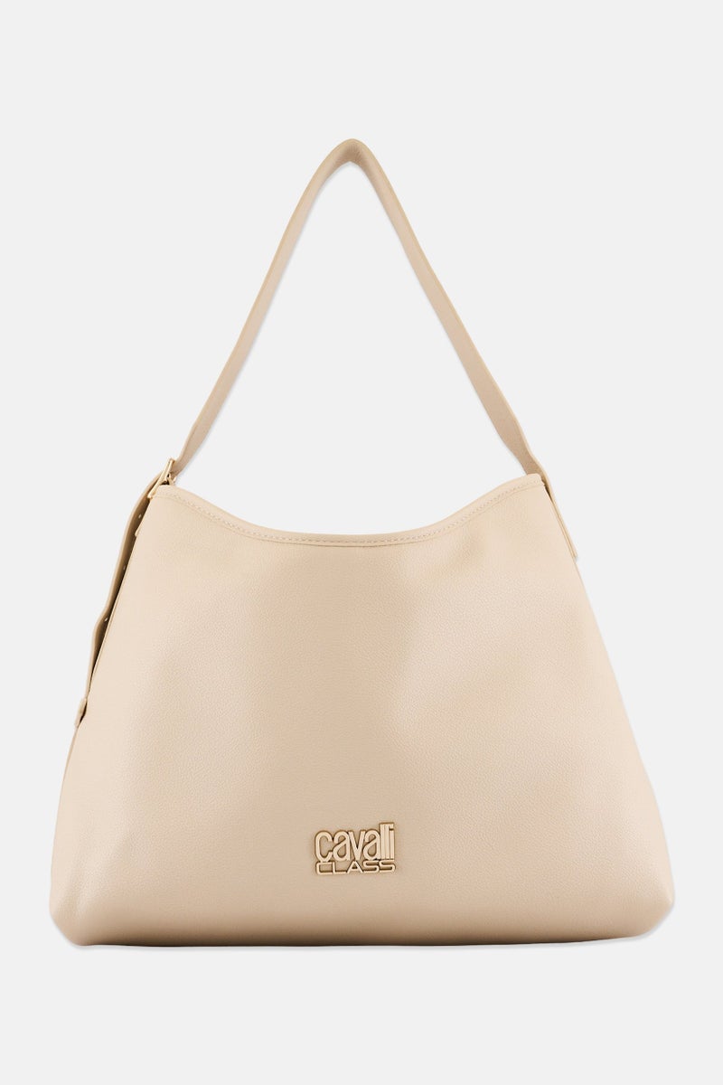 Cavalli Class Women Leather Brand Logo Tote Bag, Beige - Image 1