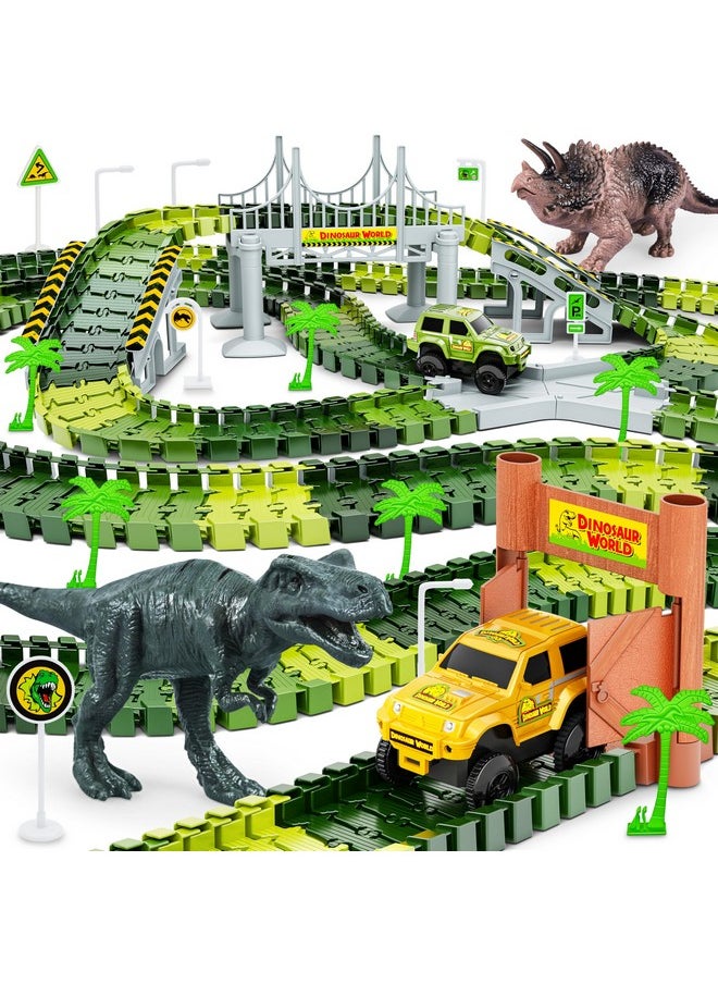 Hony Dinosaur Tracks, 271 PCS Create A Dinosaur World Road Race for Kids Boys Toys Flexible Train Tracks Set with 2 Cool Race Cars and 2 Dinosaur Toys for Age 3 4 5 6 7 8 Year & Up Old Boy Girls Best Gift  - Image 1