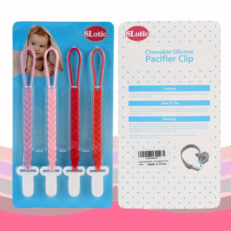 Slotic 4-Pack Silicone Pacifier Clips with a Woven Rope Shape for Baby Boys and Girls - Flexible and Rust-Free Holders for Teething Relief and Baby Essentials, Safe for Newborns (Pink) - Image 4