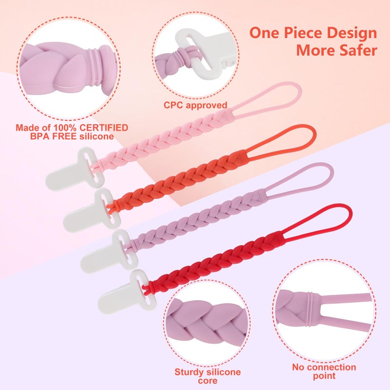 Slotic 4-Pack Silicone Pacifier Clips with a Woven Rope Shape for Baby Boys and Girls - Flexible and Rust-Free Holders for Teething Relief and Baby Essentials, Safe for Newborns (Pink) - Image 3