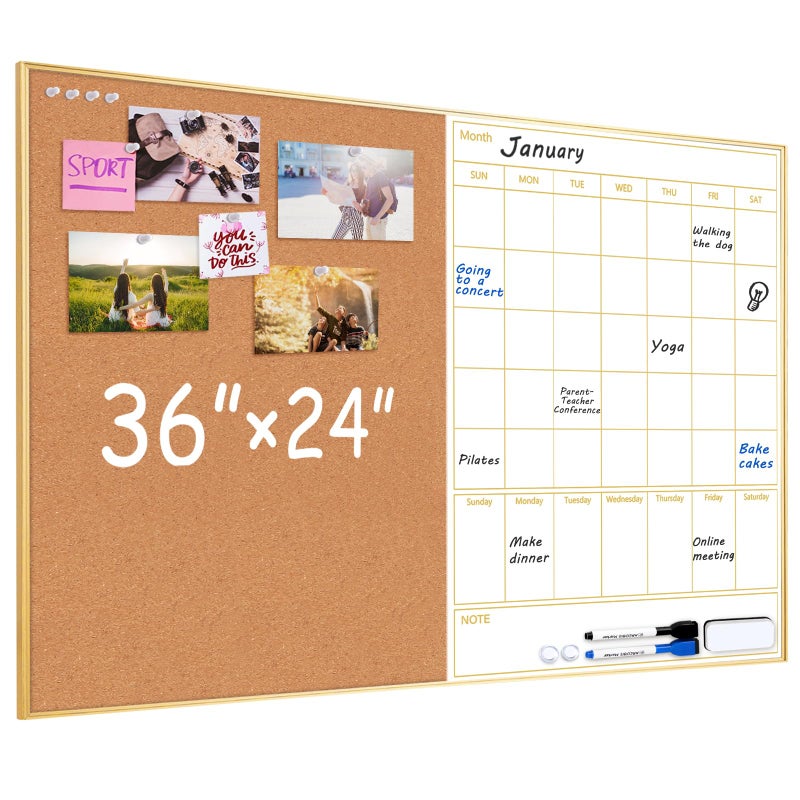 ARCOBIS Dry Erase Calendar with Cork Board, 36"x24" Magnetic White Board Calendar Dry Erase for Wall, Gold Frame Combination Board for Office, Home, School - Image 1