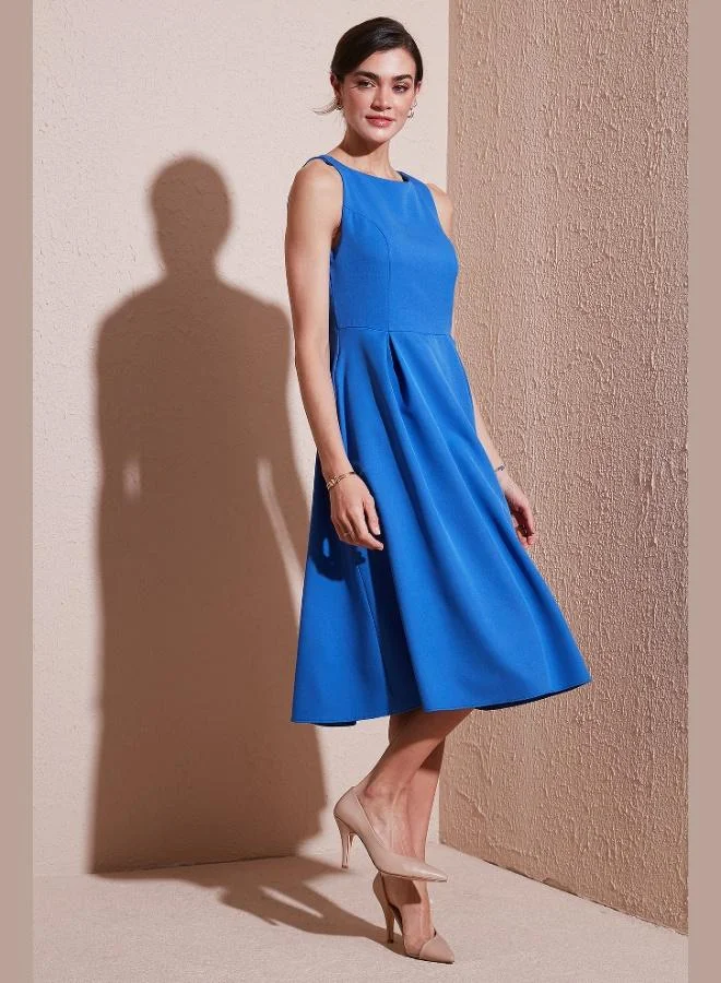 Lela Lela Regular Fit Crew Neck Pocketed Pleated Midi Length Evening Dress Women's Dress 6111963