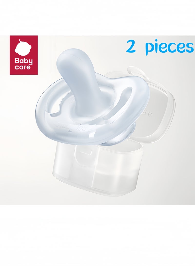 Baby Care Pacifier with Storage Case, 2-Pack Silicone Soothers for 0-6 Months, Anti-Colic, BPA-Free, Blue