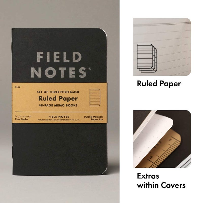 Field Notes 3-Pack Pitch Black Memo Books (3.5" X 5.5"), Ruled, 48 Pages | Thin Pocket Sized EDC Notebook With 90 GSM Paper & Paperback Cover | Work Notebooks For Note Taking | Made in the USA - Image 2