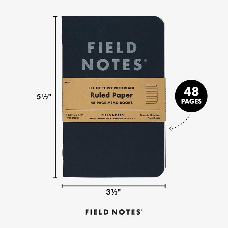 Field Notes 3-Pack Pitch Black Memo Books (3.5" X 5.5"), Ruled, 48 Pages | Thin Pocket Sized EDC Notebook With 90 GSM Paper & Paperback Cover | Work Notebooks For Note Taking | Made in the USA - Image 5