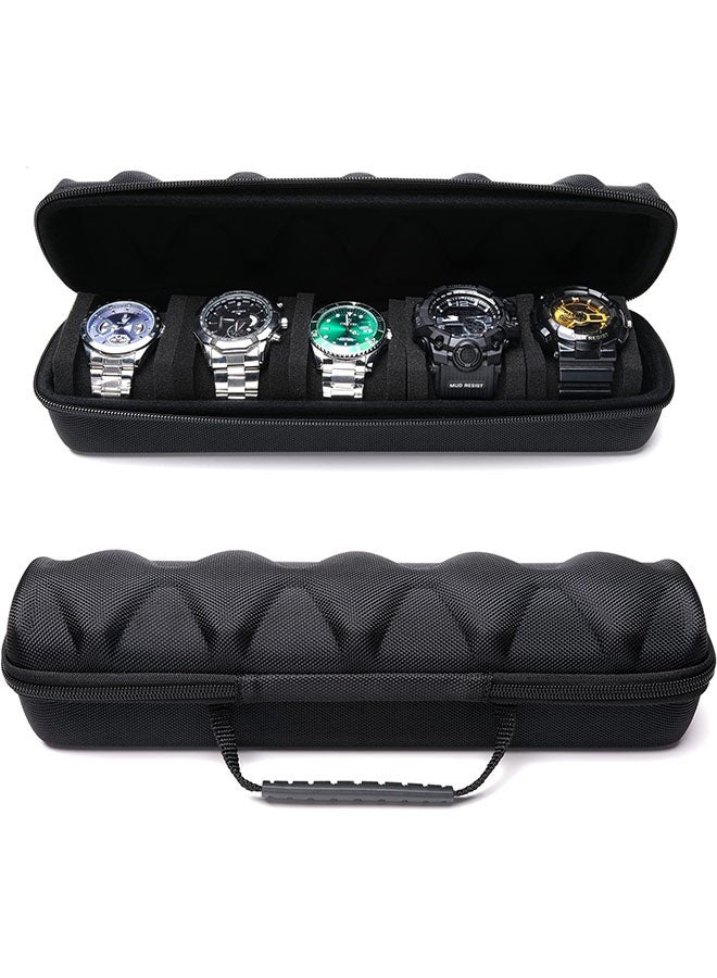 5-Slot Watch Storage Box – Hard Travel Watch Case with Sponge Cushions, Portable Organizer for Men & Women Watches (Black) - Image 1