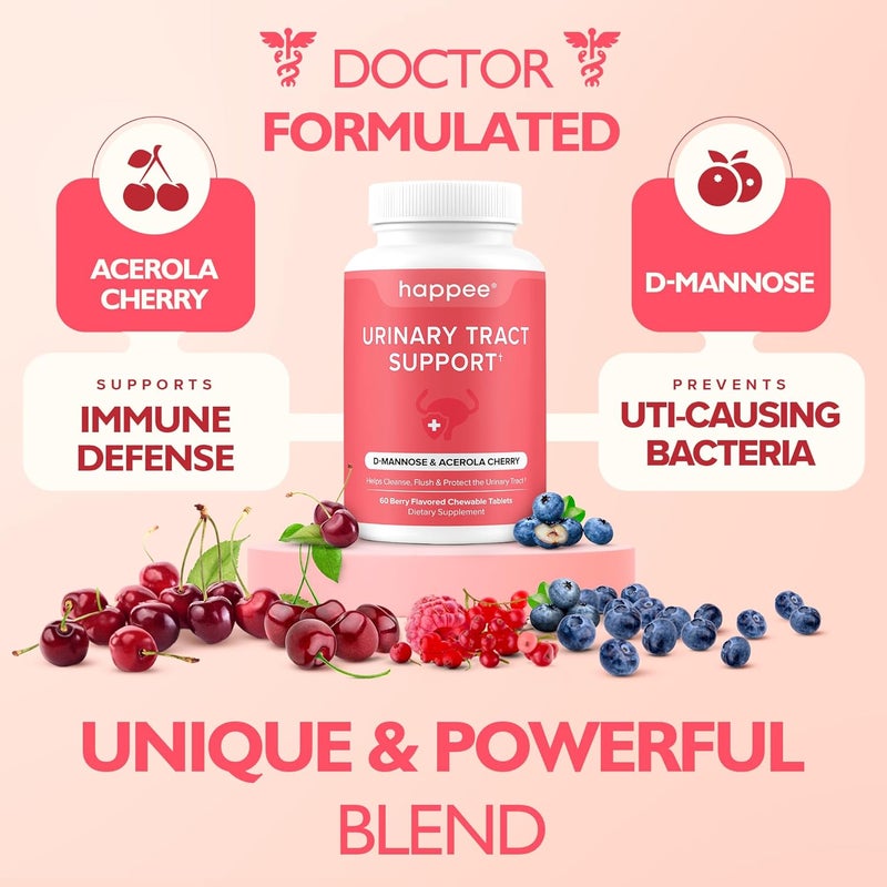 Happee Urinary Tract Health Supplement for Women  Men  FastActing UTI Relief and Prevention 500mg DMannose  Antioxidants Supports Kidney and Bladder Health Berry Flavor 60 Chewables - Image 4