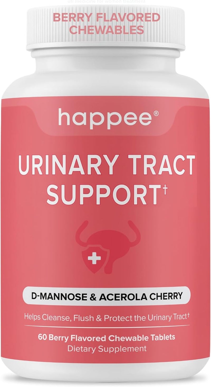 Happee Urinary Tract Health Supplement for Women  Men  FastActing UTI Relief and Prevention 500mg DMannose  Antioxidants Supports Kidney and Bladder Health Berry Flavor 60 Chewables - Image 1