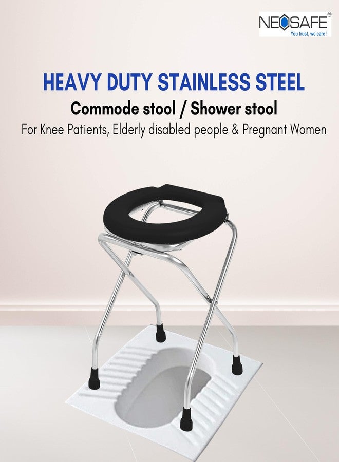 NEOSAFE Stainless Steel Premium Folding Shower Bathing Room Commode Stool Indian Toilet Seat for Elderly Disabled Man and Pregant Women Support Safe Chairs (Black) - Image 2