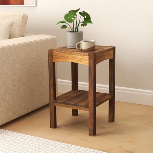 Streem Solid Sheesham Wood Lamp Side Table with Lower Shelf (Style-02) Brown - Image 2