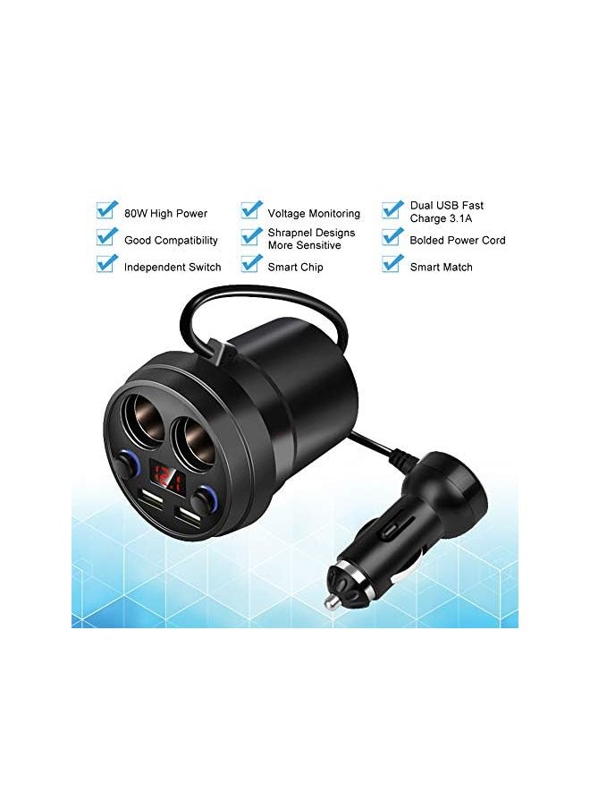 PROMASS - Sockets Car Cigarette Lighter Splitter, 12V/24V 120W Car Power Adapter Inverter, 3.1A Dual USB Port Car Charger Quick Charging, Compatible with Phone Androids GPS Dash Cam - Image 1