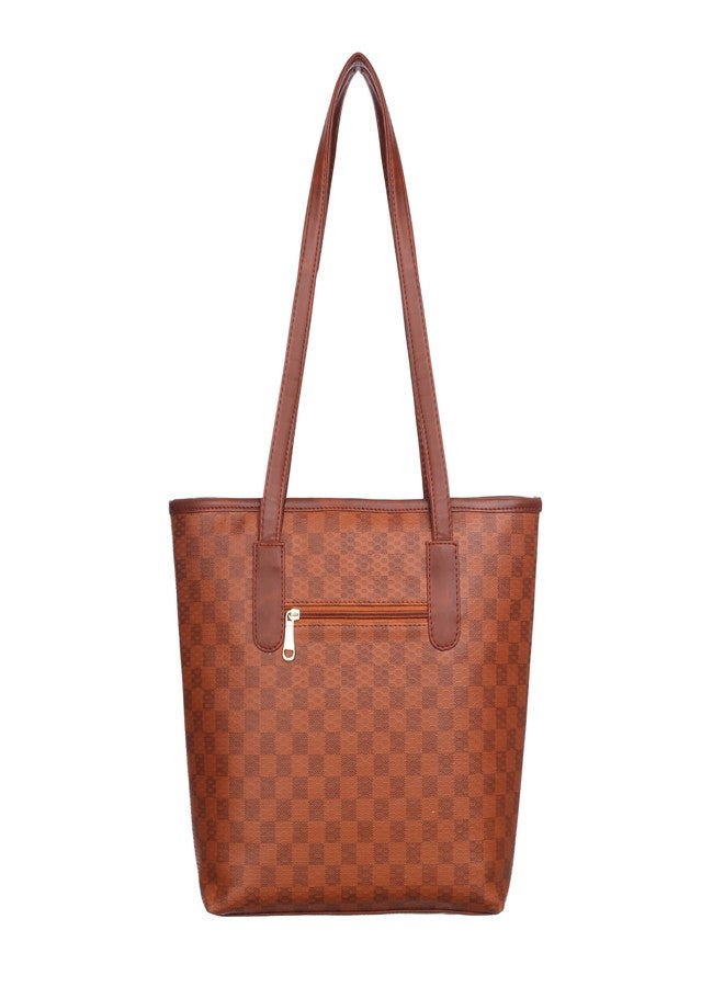 حقيبة كتف أنيقة بنقشة مربعات من يونيبو، مزودة بأقسام متعددة | مقاومة للماء | مقابض بنية اللون | سعة كبيرة | حقيبة كتف عصرية بتصميم أنيق (لون بني فاتح) - Image 3