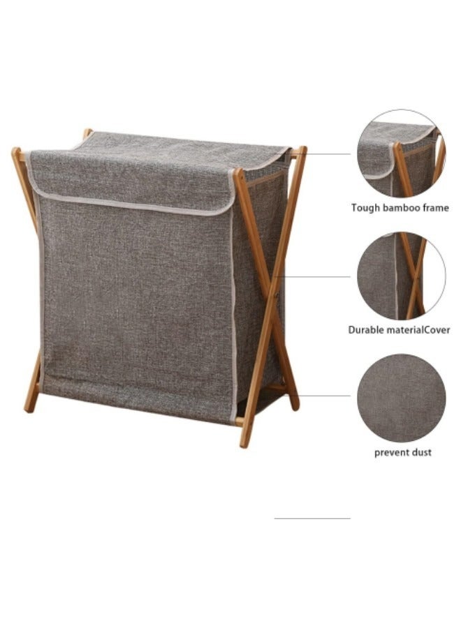 Bamboo Laundry Hamper Sorter Cart, Portable and Collapsible Folding Clothes Laundry Basket Storage with Removable Liner Bag,Grey - Image 4