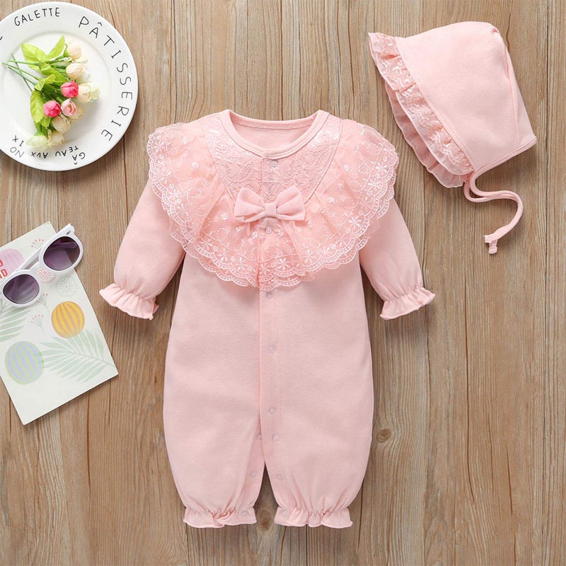 amropi Baby Girls Cotton Romper Lace Collar Jumpsuits Long Sleeve Coveralls with Hat 2 Pieces 3-6 Months, Pink - Image 2