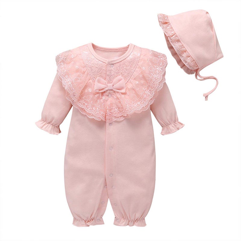 amropi Baby Girls Cotton Romper Lace Collar Jumpsuits Long Sleeve Coveralls with Hat 2 Pieces 3-6 Months, Pink - Image 1