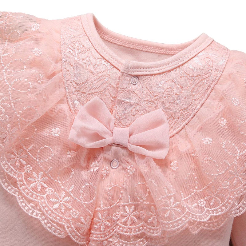 amropi Baby Girls Cotton Romper Lace Collar Jumpsuits Long Sleeve Coveralls with Hat 2 Pieces 3-6 Months, Pink - Image 3