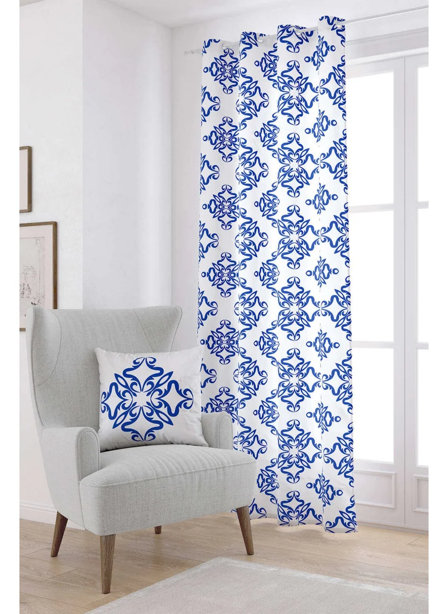 Cango Home White Blue Modern Ethnic Tile Patterned Digital Printed Curtain CGH566-PR