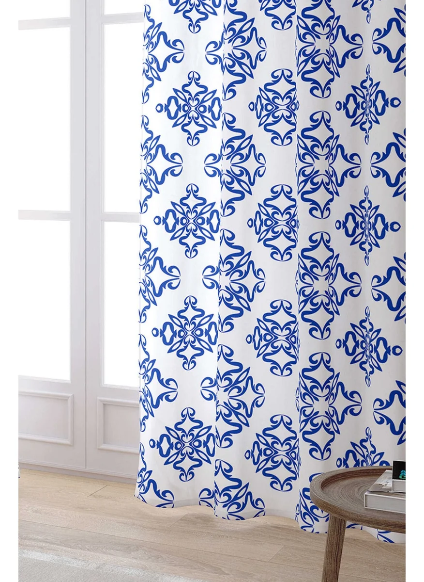 Cango Home White Blue Modern Ethnic Tile Patterned Digital Printed Curtain CGH566-PR